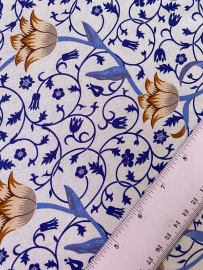 William Morris Inspired Floral 100% Cotton Fabric - Blue & Ochre Vine Trail Print - 44/45" Wide By The Metre
