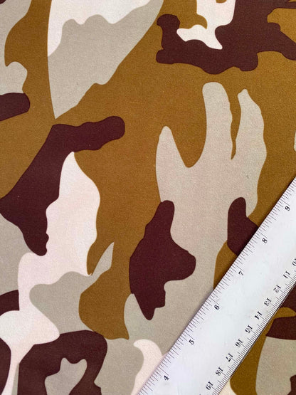 Cream, Ochre Brown & Olive Camo Scuba Jersey Fabric – 58" Wide (£2.25/m)