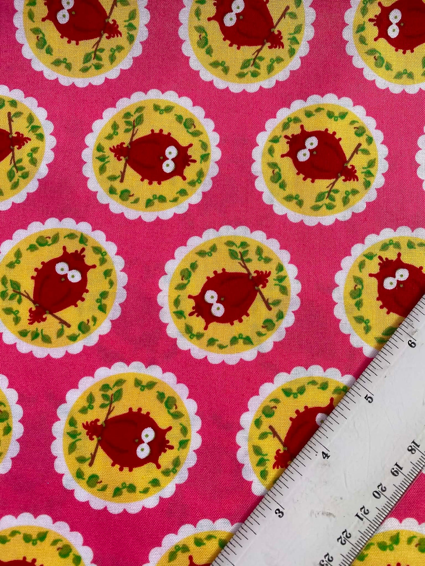 CLEARANCE - Retro Whimsical Owl Print Fabric – Bright Pink, Red & Yellow 100% Cotton (54" Wide)