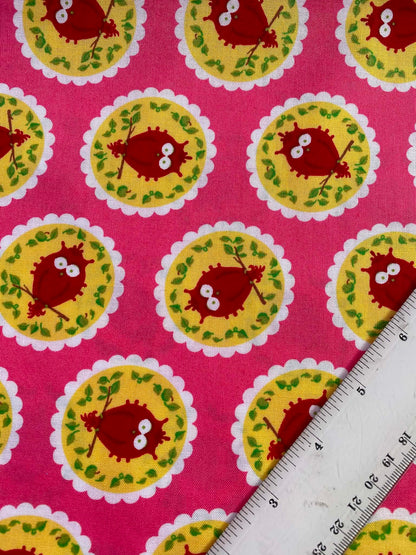 CLEARANCE - Retro Whimsical Owl Print Fabric – Bright Pink, Red & Yellow 100% Cotton (54" Wide)