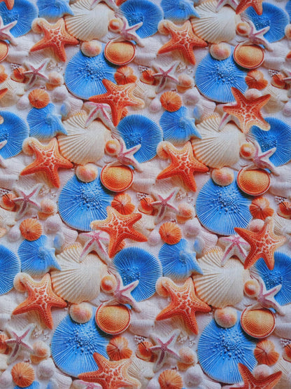 Little Johnny 100% Cotton - Starfish - Blue/Cream/Orange - 60" Wide - Sold By The Metre