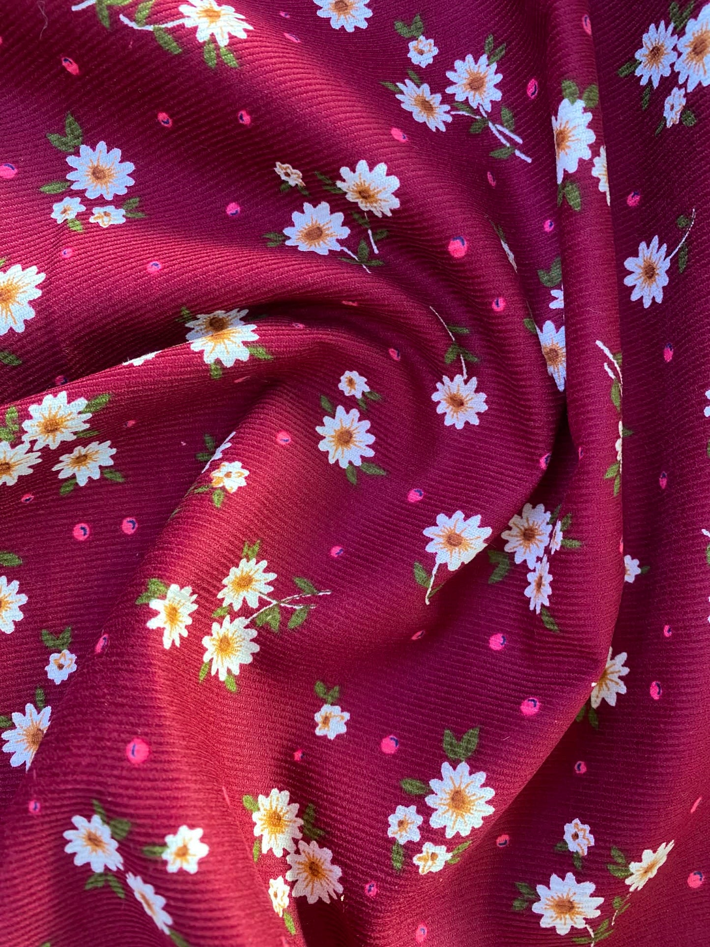 Printed Needlecord 100% Cotton - Wine/Green/White/Yellow - 44"Wide - Sold By The Metre