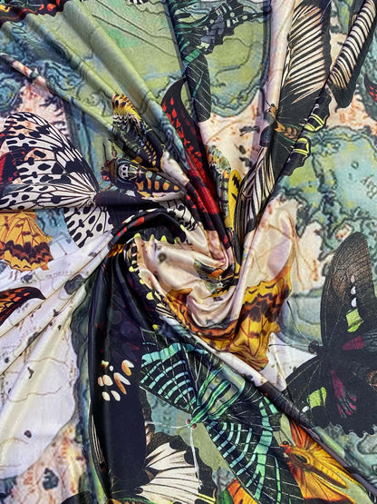 Butterfly Print ITY Stretch Jersey Fabric (Orange/Green/Black) - 60" Wide, £3.99 per Metre