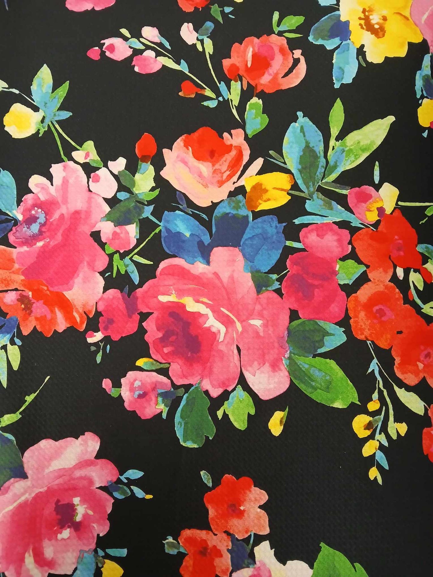 Scuba Waffle - Floral - Black/Red/Pink/Yellow - 59" Wide - Sold By the Metre