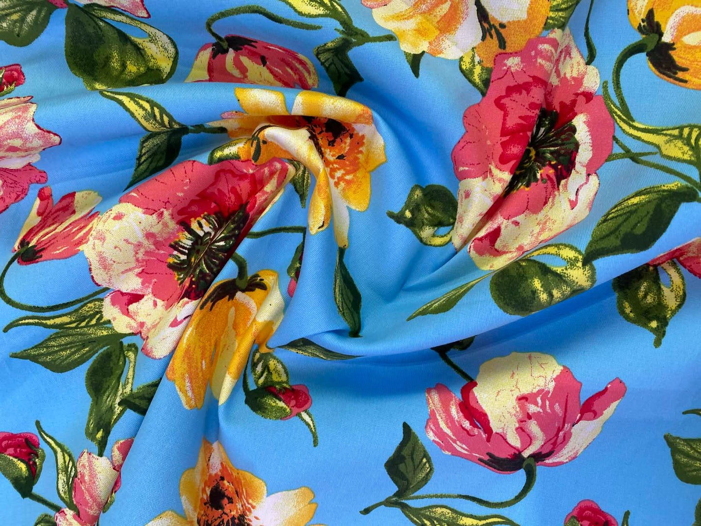 Floral Cotton Sateen Fabric - Blue/Yellow/Pink/Green - 58" Wide - Luxury Dressmaking Material - £3.99/m