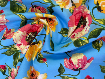 Floral Cotton Sateen Fabric - Blue/Yellow/Pink/Green - 58" Wide - Luxury Dressmaking Material - £3.99/m