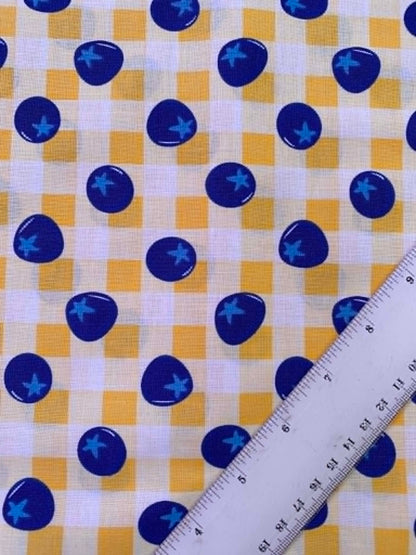 Yellow Gingham & Blueberry 100% Cotton Fabric - Summer Fruit - 44" Wide By The Metre
