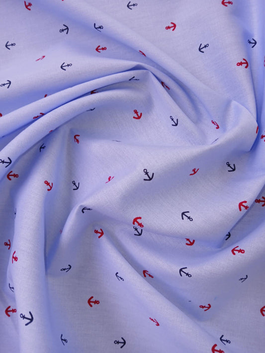 100% Cotton Poplin - Anchors - Blue/Navy/Red - 57" Wide - Sold By The Metre