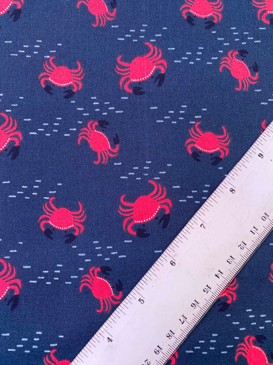 Slate Grey & Neon Pink Crab 100% Cotton Fabric - Ocean Beach Novelty - 44" Wide By The Metre