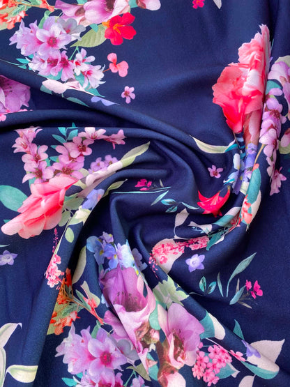 Navy Blue Floral Print Scuba Fabric – Pink, Purple & Green – 60" Wide