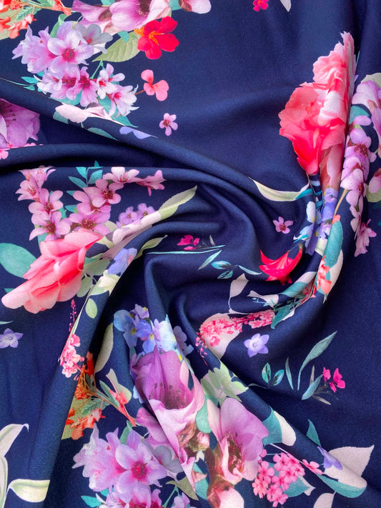 Navy Blue Floral Print Scuba Fabric – Pink, Purple & Green – 60" Wide