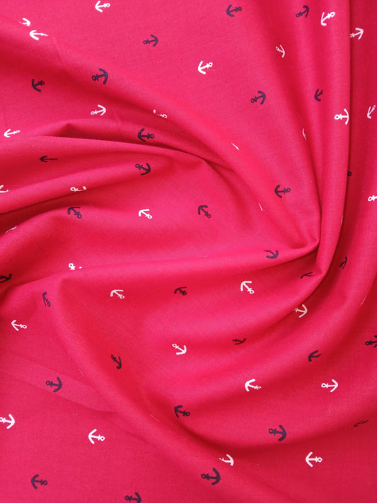 100% Cotton Poplin - Anchors - Red/Navy/White - 57" Wide - Sold By The Metre