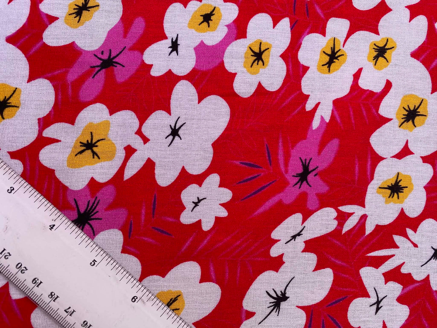 Retro 70s Floral Daisy 100% Viscose Fabric - Red Green & Orange Dressmaking Fabric - Extra Wide 57" By The Metre (Copy)