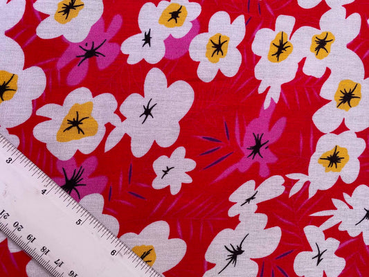 Retro 70s Floral Daisy 100% Viscose Fabric - Red Green & Orange Dressmaking Fabric - Extra Wide 57" By The Metre (Copy)