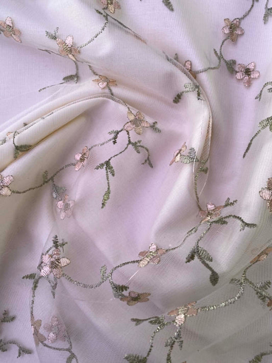 Floral Embroidered Lace Fabric - Cream, Green & Peach - 58" Wide - No Stretch - Vintage Style - £3.99/m