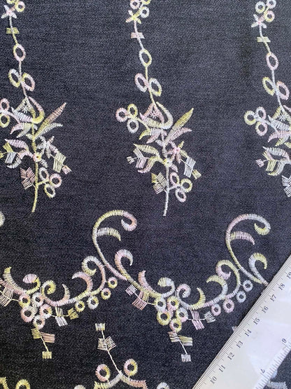 Multi-Colour Floral Embroidered Stretch Denim - 59" Wide - Double Bordered - £3.99/m