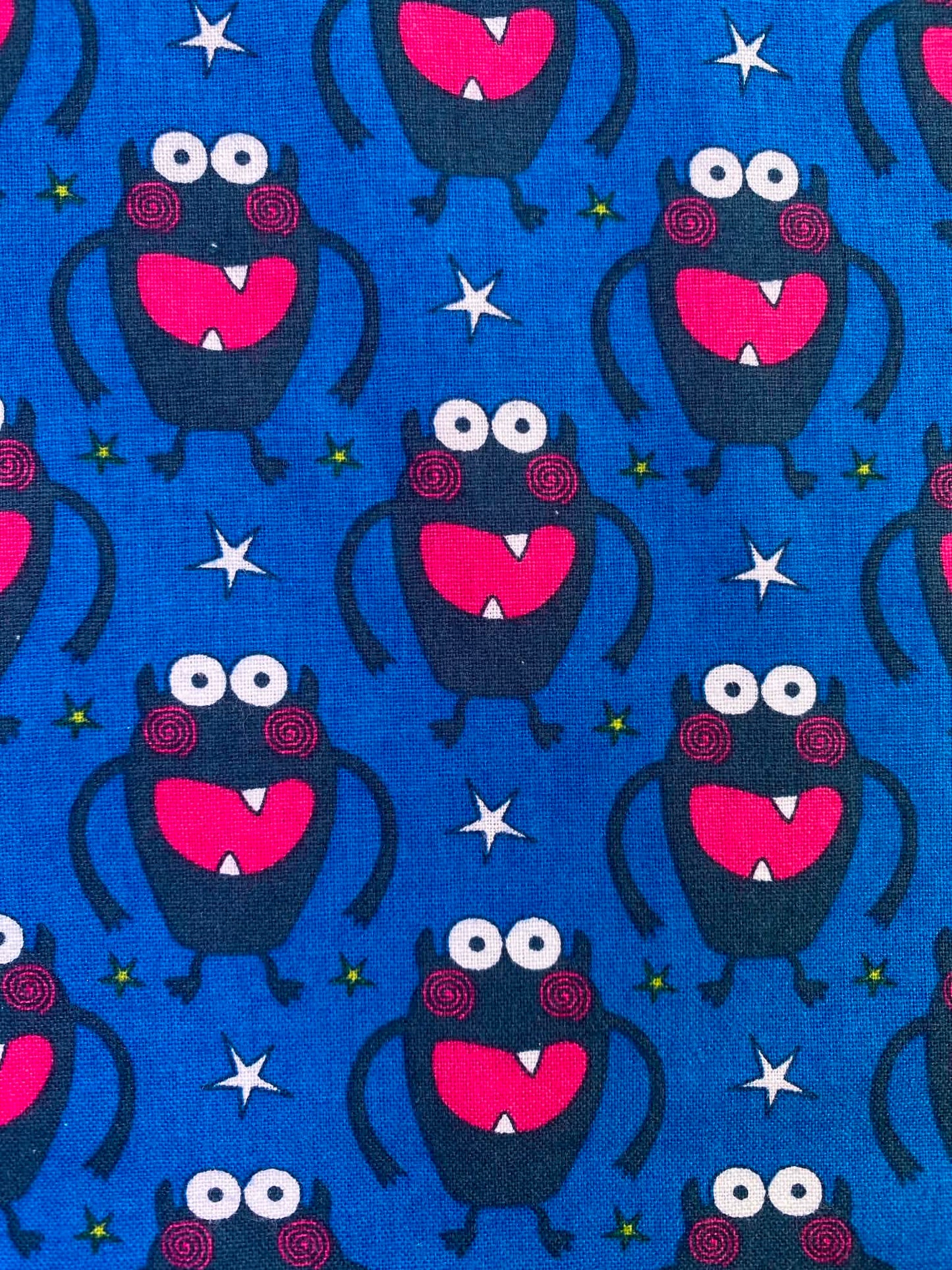 CLEARANCE - Cute Little Monster Print Fabric – Blue, Black & Bright Pink 100% Cotton (44" Wide)