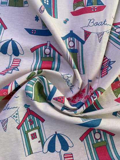 Nautical Beach Huts & Boats Cotton Linen Viscose Fabric - 56" Wide, £5.99 per Metre