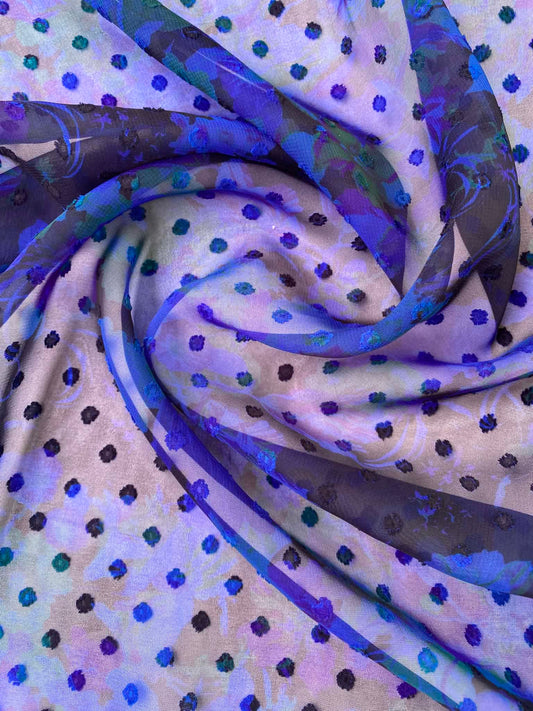 Floral Clipped Chiffon Fabric - 56" Wide - Black, Blue & Purple Textured Dressmaking Material No Stretch