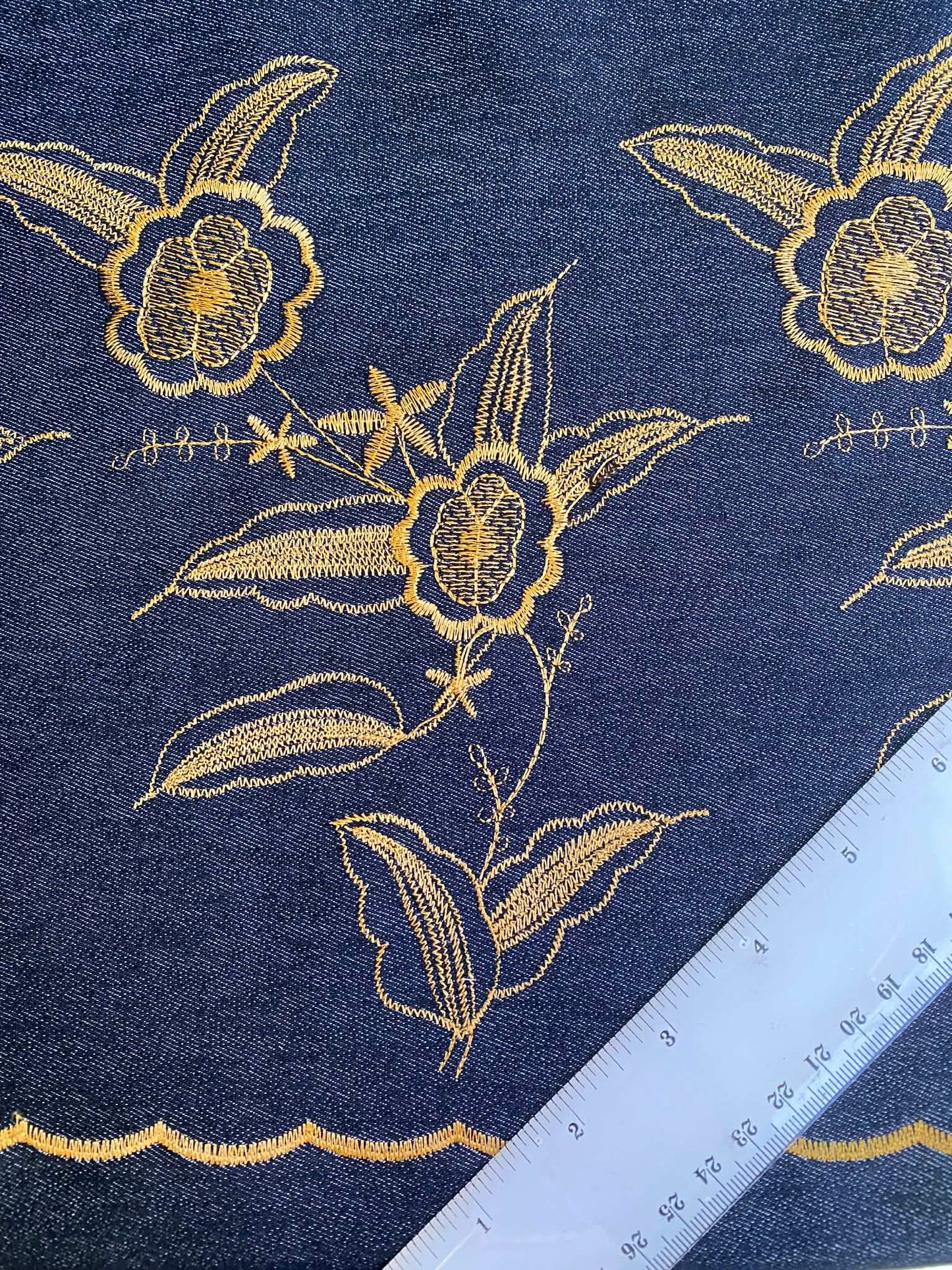 Embroidered Double Bordered Stretch Denim - 59" Wide - Black & Gold Floral - £3.99/m
