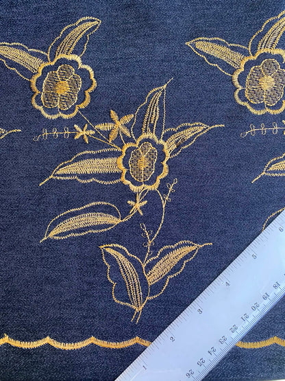 Embroidered Double Bordered Stretch Denim - 59" Wide - Black & Gold Floral - £3.99/m
