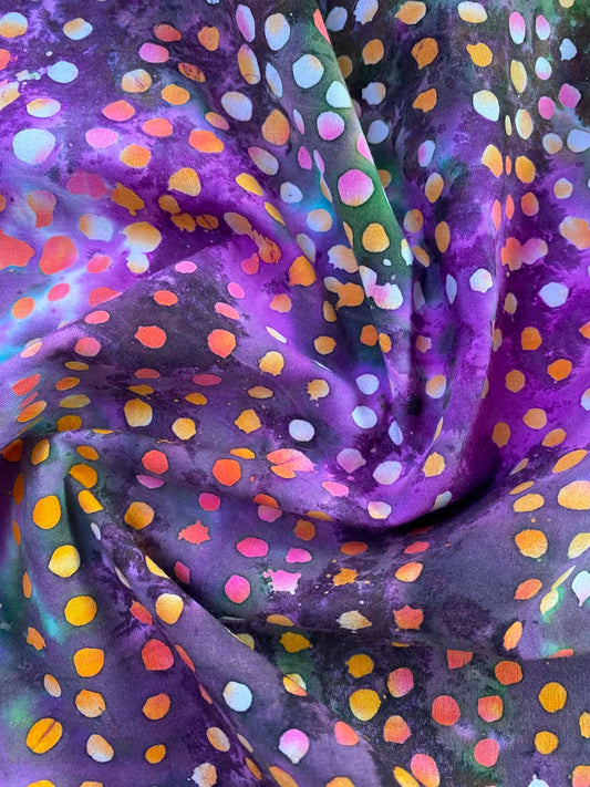 CLEARANCE - Purple & Green Mottled Polka Dot Cotton Batik Fabric (44" Wide)