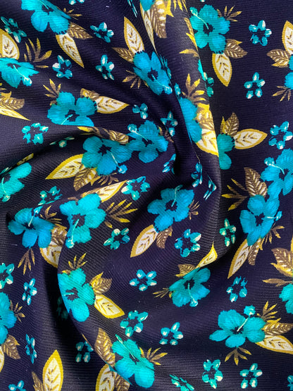 Printed Needlecord 100% Cotton - Turquoise/Green/Black - 44"Wide - Sold By The Metre