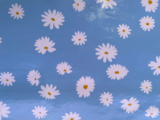 Cornflower Blue & White Daisy Floral PU Table Covering - 55" Wide - Wipe Clean - Water Resistant - £1.99/m