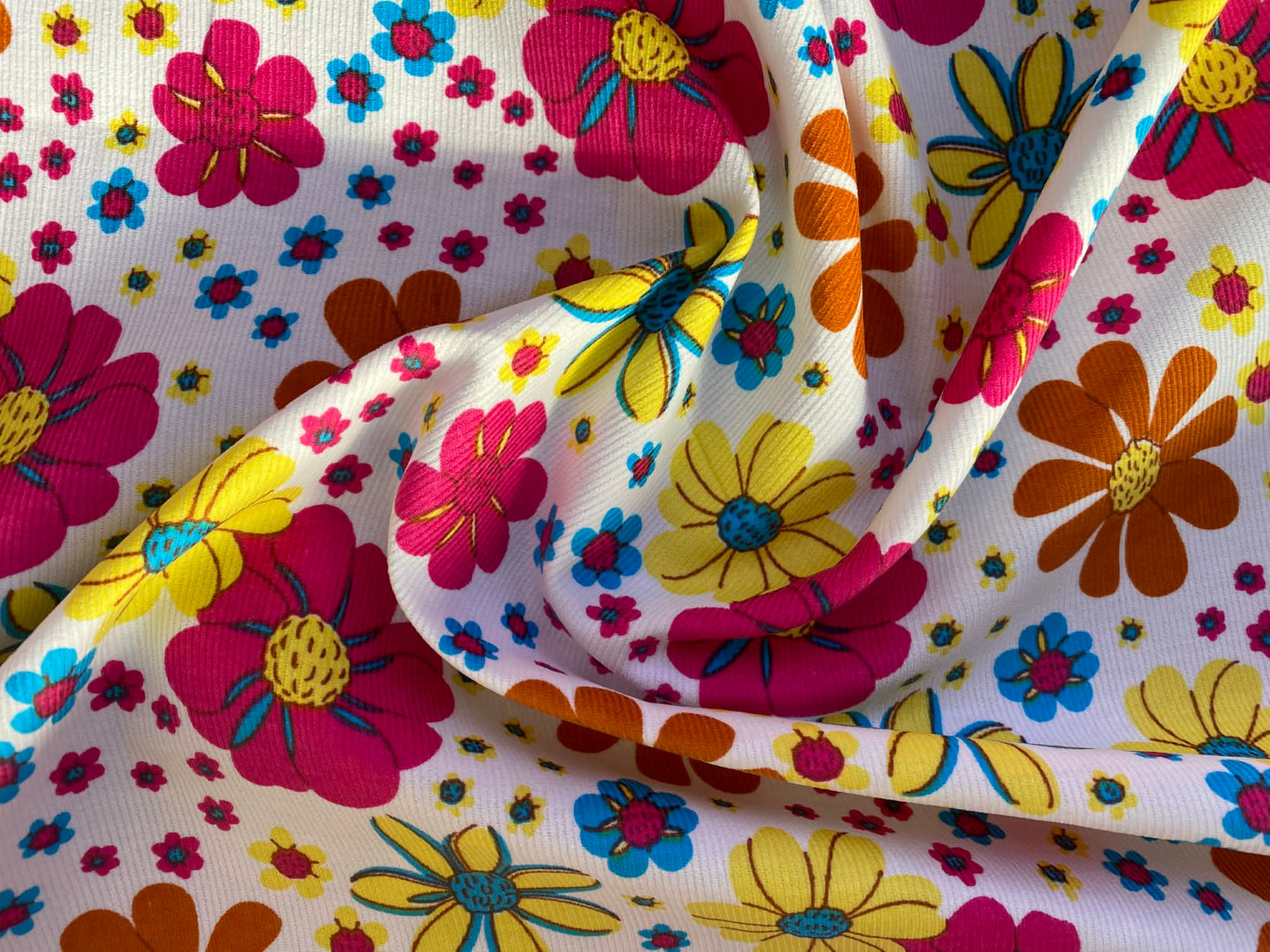 Printed Needlecord 100% Cotton - White/Pink/Yellow/Blue - 44"Wide - Sold By The Metre