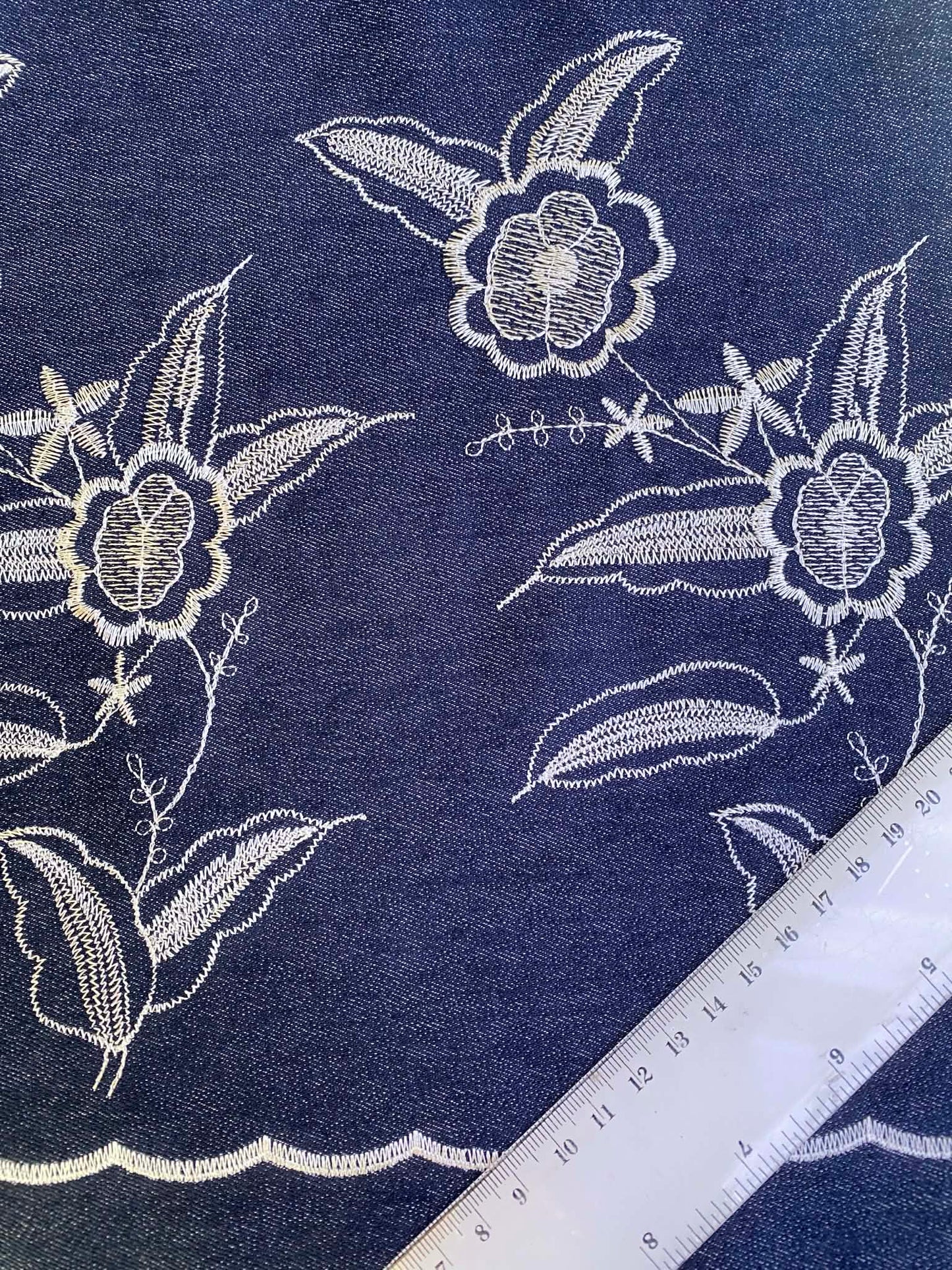 Navy & White Embroidered Double Bordered Stretch Denim - 59" Wide - £3.99/m