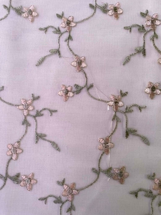 Floral Embroidered Lace Fabric - Cream, Green & Peach - 58" Wide - No Stretch - Vintage Style - £3.99/m