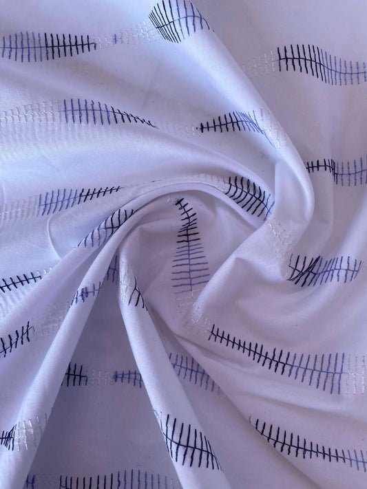 100% Cotton Embroidered Fabric – Blue & Black Wave Stripe – 58" (147cm) Wide