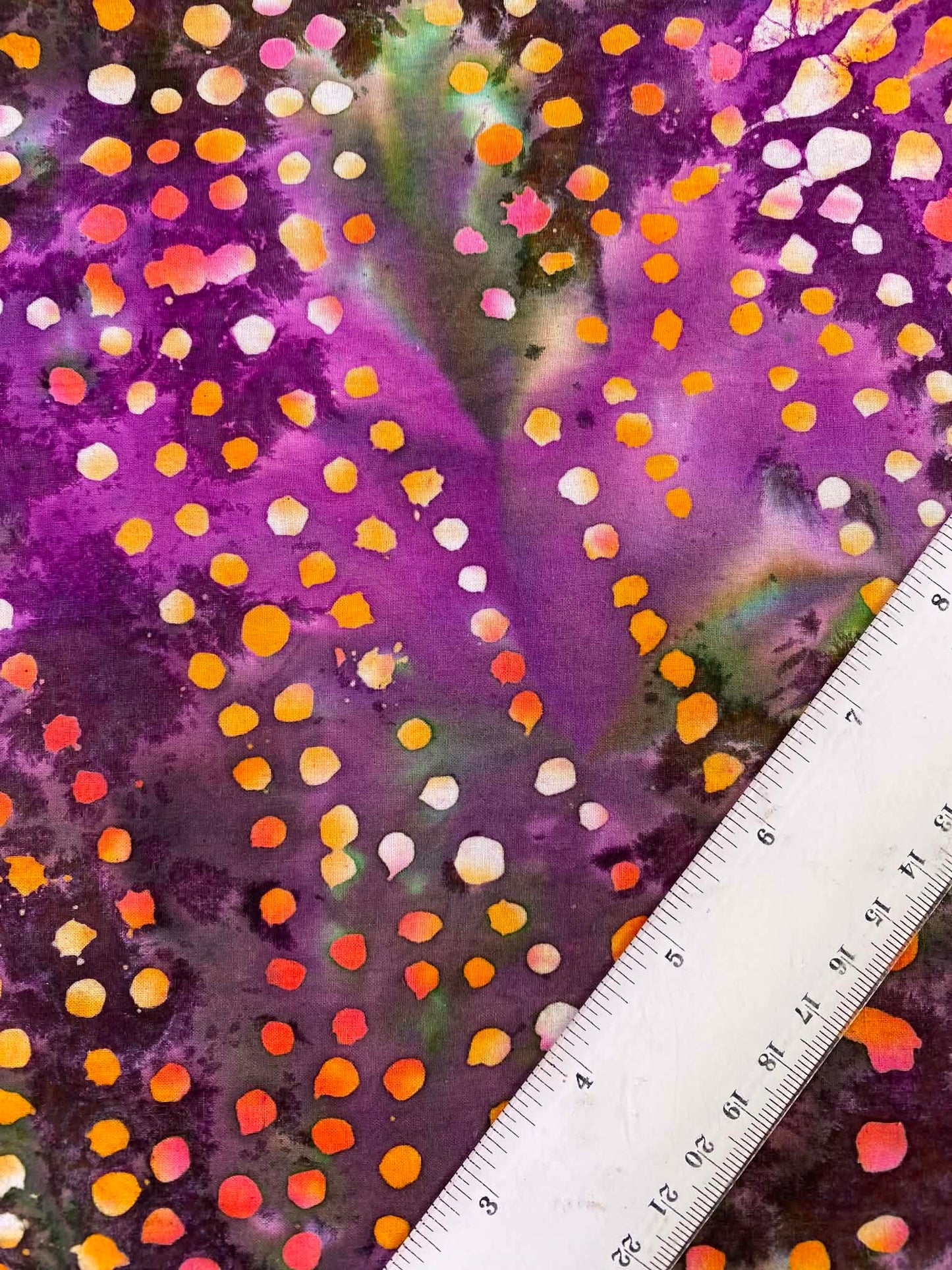 CLEARANCE - Purple & Green Mottled Polka Dot Cotton Batik Fabric (44" Wide)