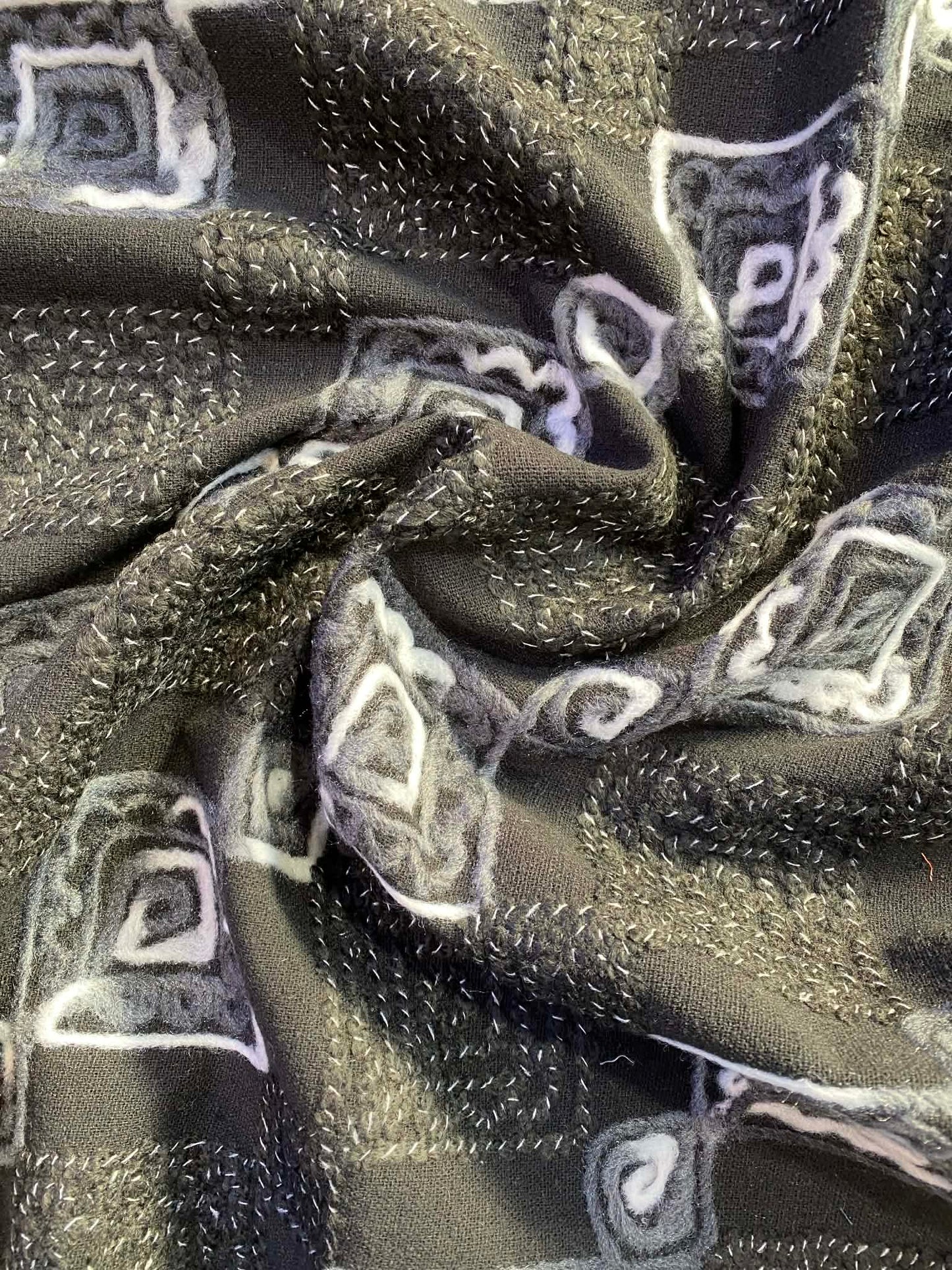 Embroidered Washable Wool - Black/Grey/White - 59"Wide - Sold By The Metre
