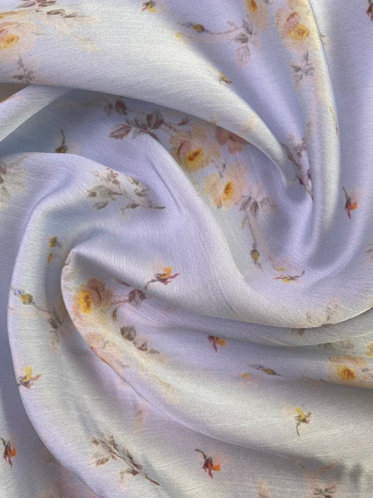 Yayoo Satin - Floral - Blue/Yellow/Brown - 61" Wide - Sold By The Metre