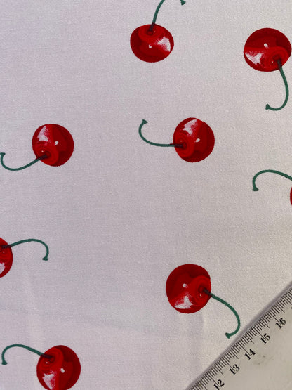 Cotton Spandex - Cherries - White/Red/Green - 58"Wide - Sold By The Metre