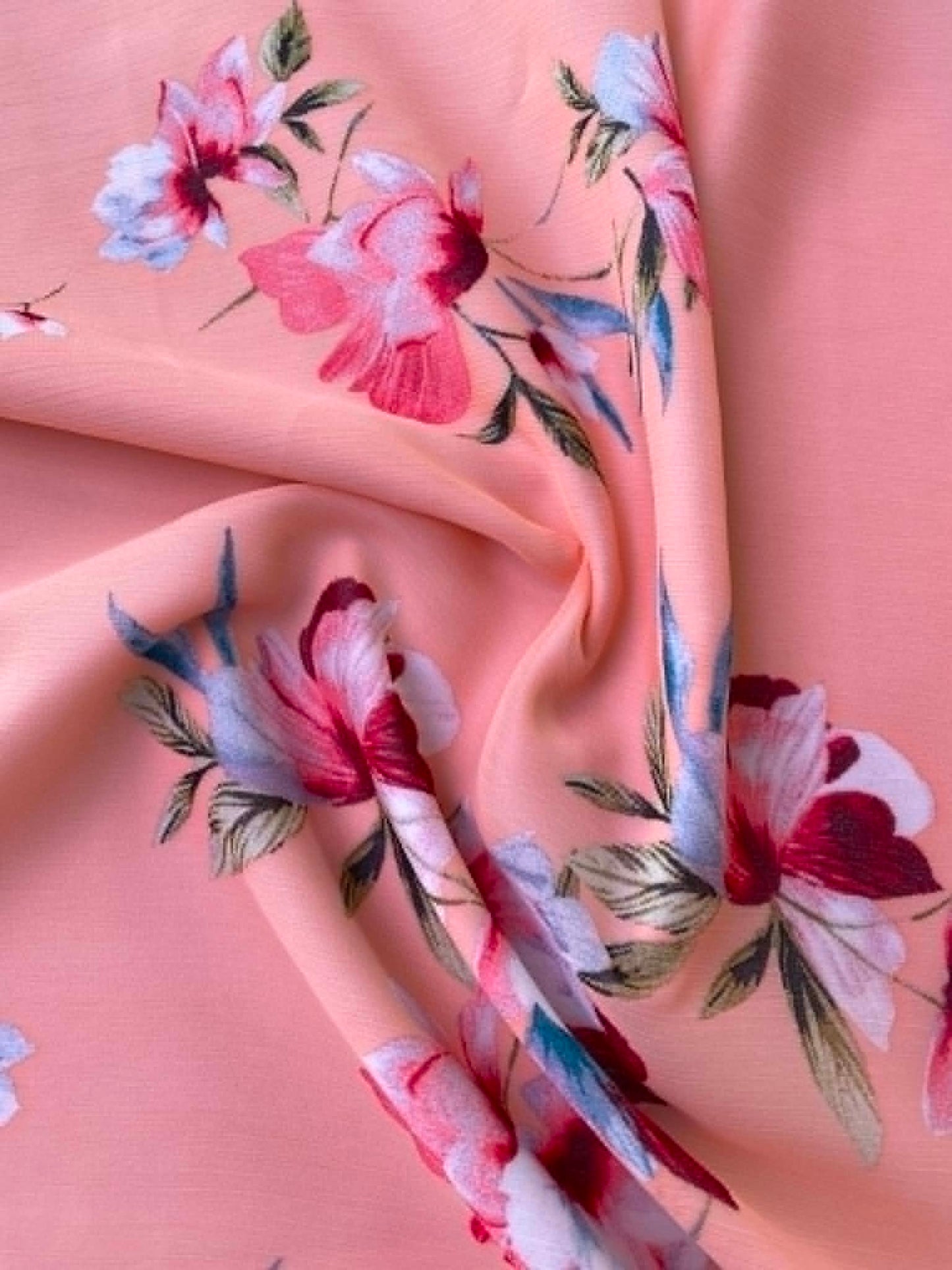 Peach Floral Chiffon Crepe Fabric - Red, Green, and White Watercolor Flowers - Non-Stretch By The Metre