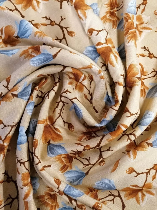 Viscose - Floral - Blue/Beige - 56" Wide - Sold By the Metre - legend textiles