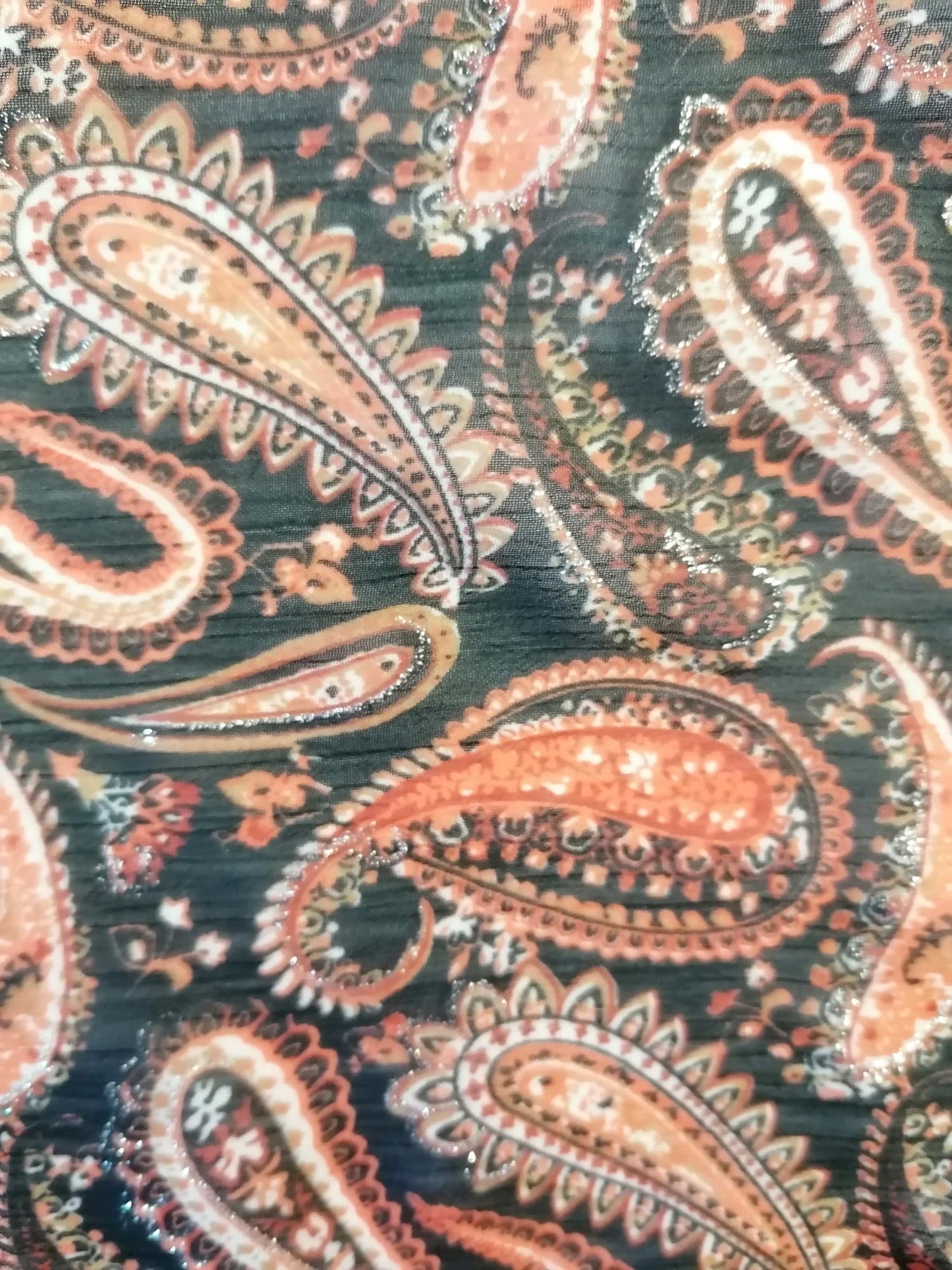 Chiffon Lurex - Paisley - Orange/Black/Silver - 57" Wide - Sold By the Metre