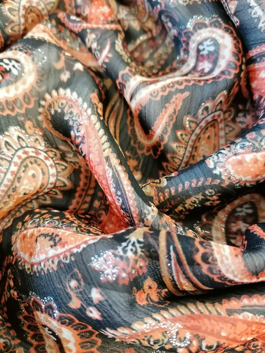 Chiffon Lurex - Paisley - Orange/Black/Silver - 57" Wide - Sold By the Metre