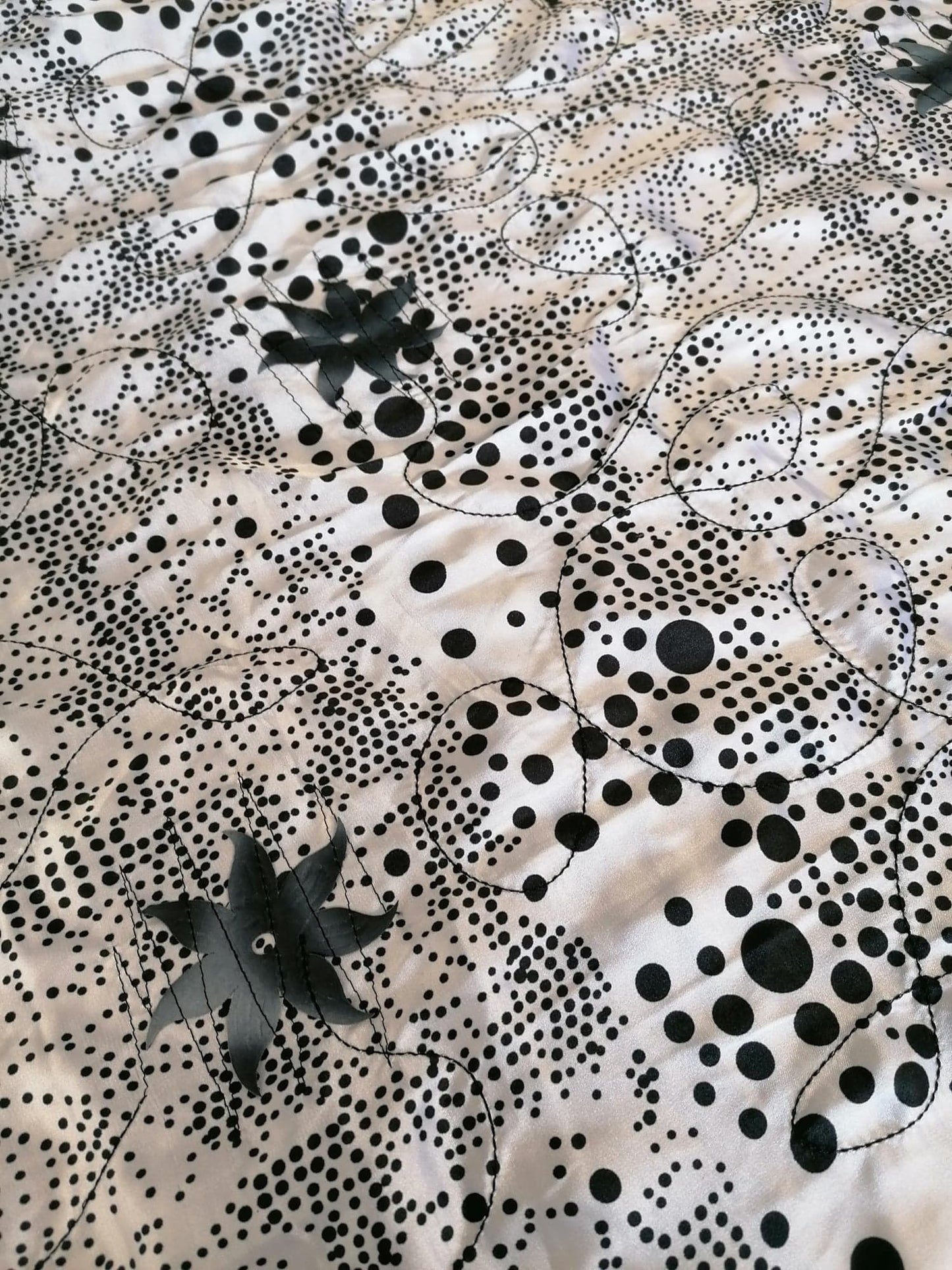 Embroidered Polyester Satin - Stars - Black/White - 57" Wide - Sold By the Metre
