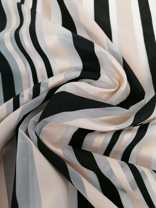 Polyester - Stripe - Black/White/Cream - 58" Wide - Sold By the Metre