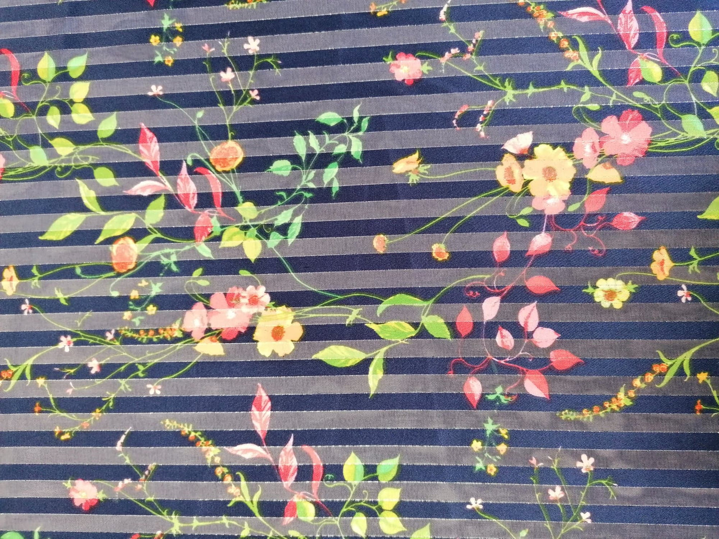 Chiffon Satin Lurex - Floral Stripe - Blue/Silver/Pink/Yellow/Green - 58" Wide - Sold By the Metre