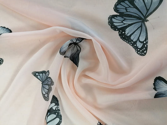 Chiffon - Butterflies - Pink/Grey - 58" Wide - Sold By the Metre