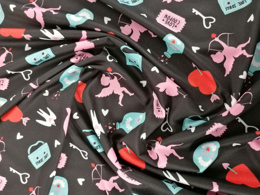 Poly Lycra Peach Skin - Cherubs - Black/Pink/Blue/Red - 61" Wide - Sold By the Metre