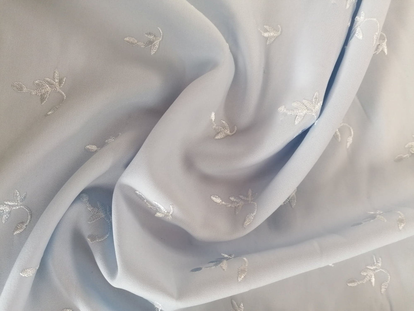 Embroidered Crepe de Chine - Baby Blue - 44" Wide - Sold By the Metre