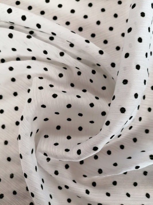 Flocked Crinkle Satin - Spot - Black/White - 62" Wide - Sold By the Metre