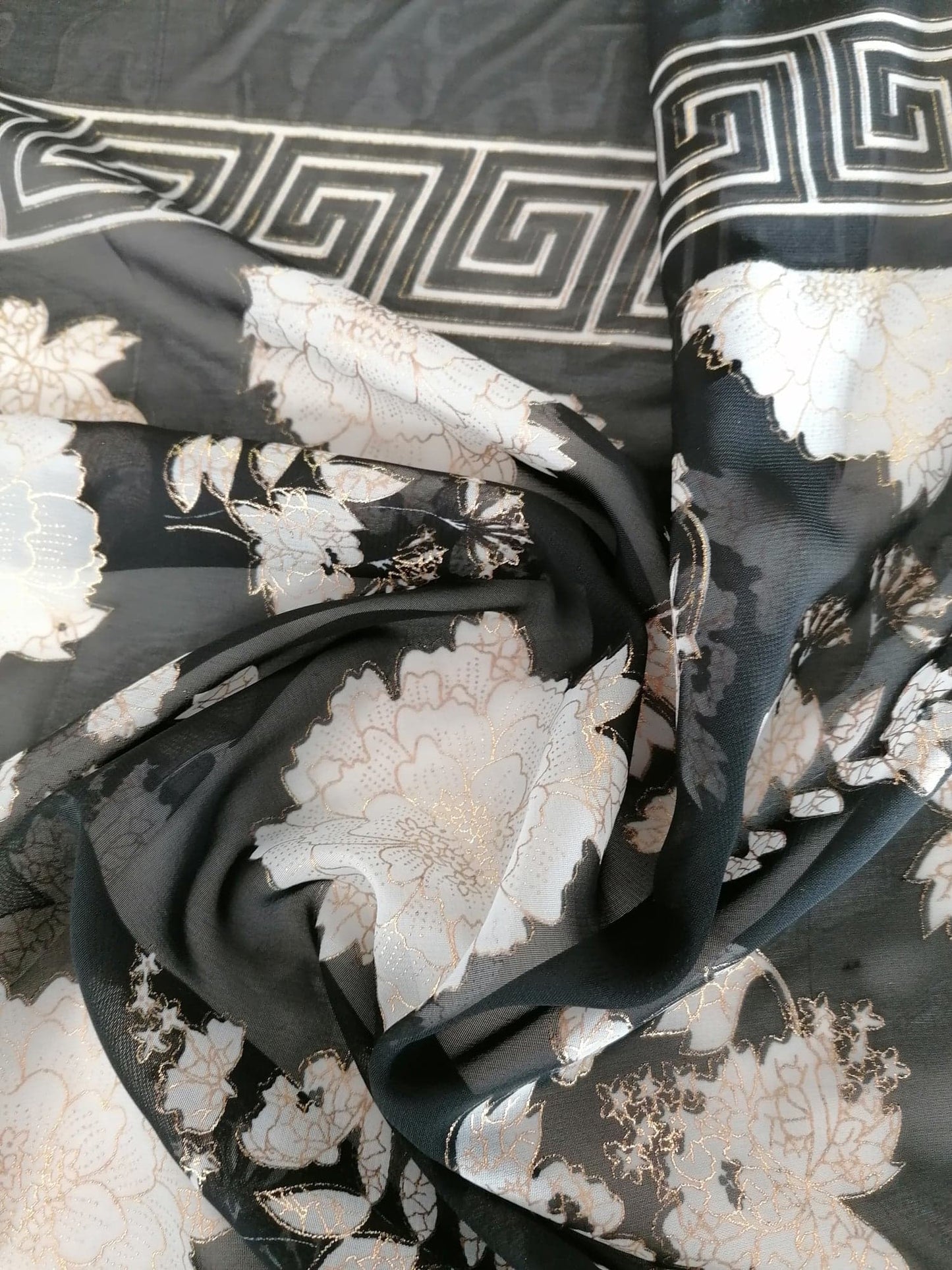 Chiffon Lurex Print - Double Border - Black/Cream/Gold - 56" Wide - Sold By the Metre
