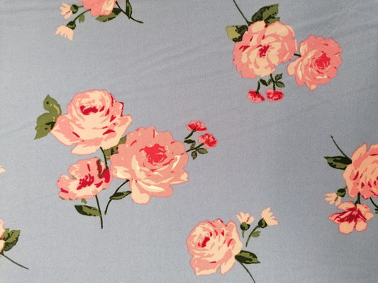 Viscose - Floral - Blue/Pink - 53" Wide - Sold By the Metre