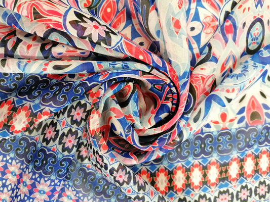 Chiffon Print - Red/Blue/White - 58" Wide - Sold By the Metre